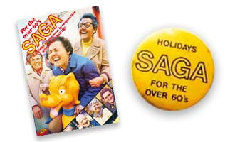 1975 Saga brochure cover in conjunction with British Rail and a Saga badge